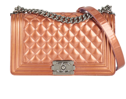 Medium Boy Bag, &pound;1,800, Handbags, Bronze/Purple, Patent Leather, Front view